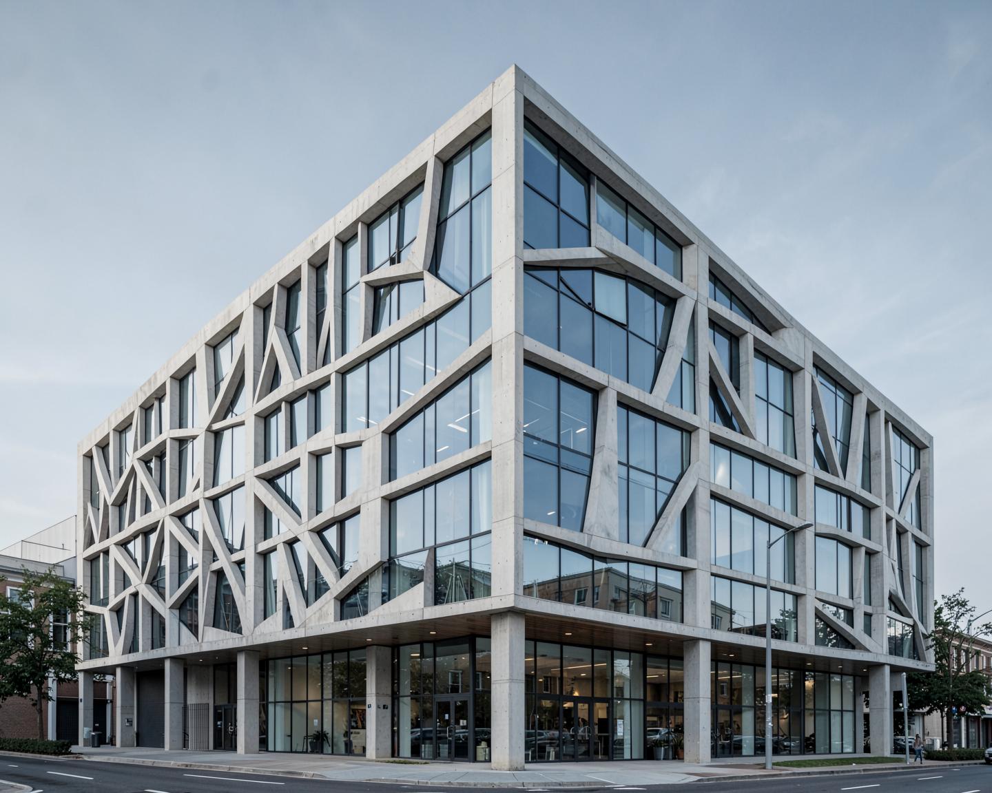 Modern commercial building with a geometric concrete and glass facade